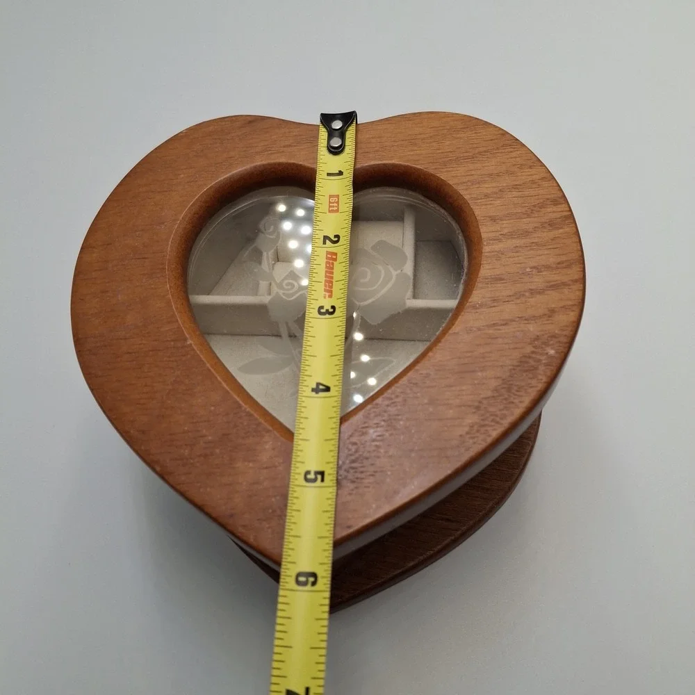 Vintage Jewelry Box Wood Heart Shaped Two Tier Swivel Glass Etched Floral Top